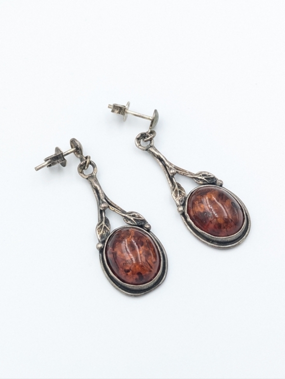 Vintage 925 sterling silver cognac amber oval drop earrings art nouveau style